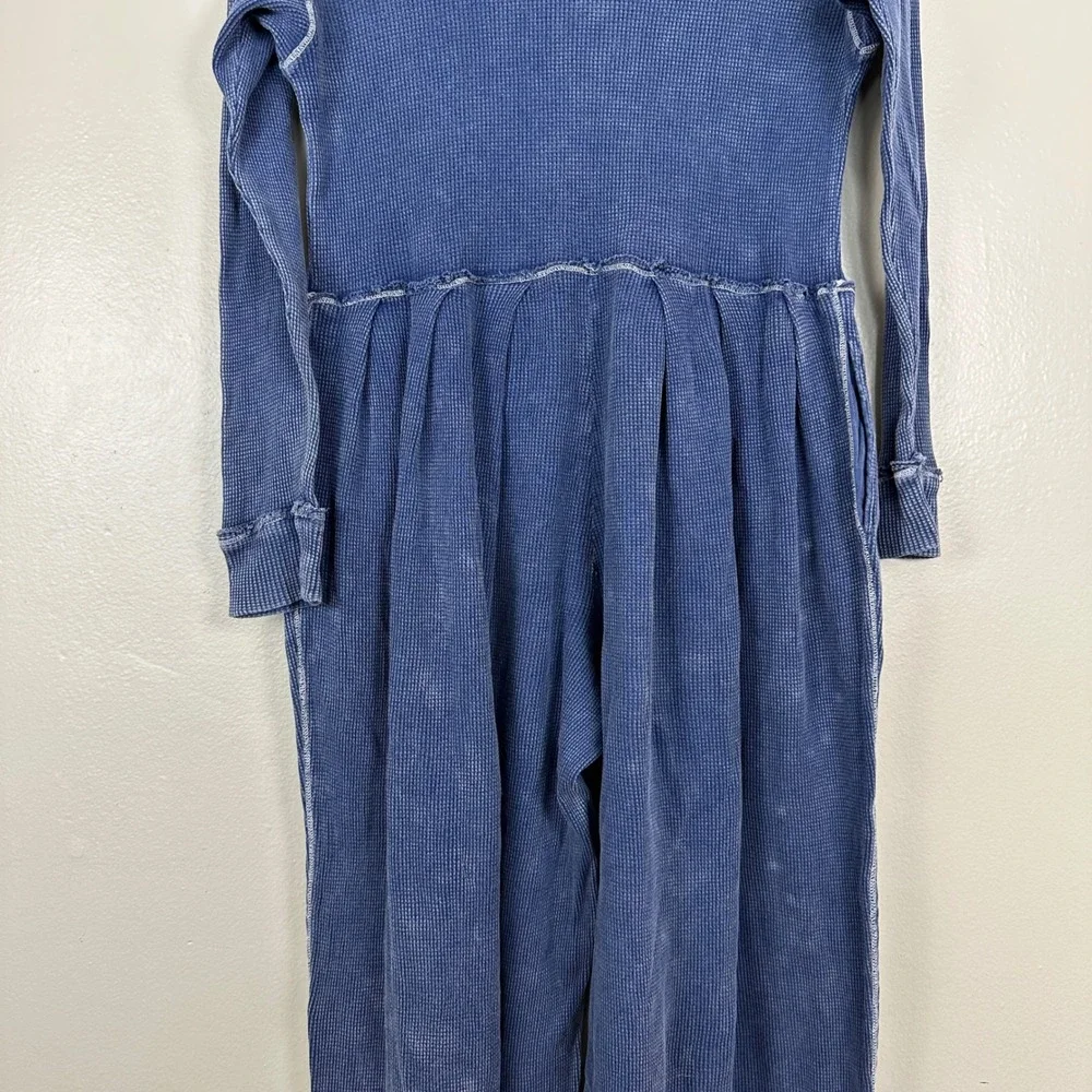 Free People Women's M Thermal Jumpsuit Blue Waffle Knit Wide Leg Long Sleeve
